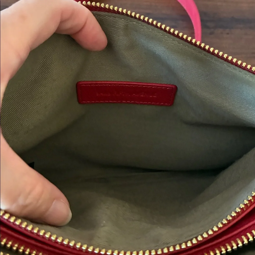 SAKS FIFTH AVENUE Red Genuine Leather Crossbody Bag Shoulder Purse‎ Three Pocket